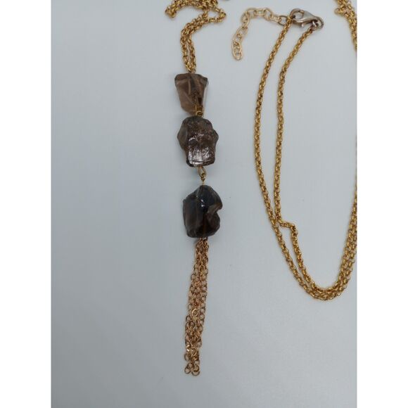 Vintage Raw Smoky Quartz Nuggets Tassel Pendant Gold Tone 30-32" Chain Necklace - Picture 6 of 7